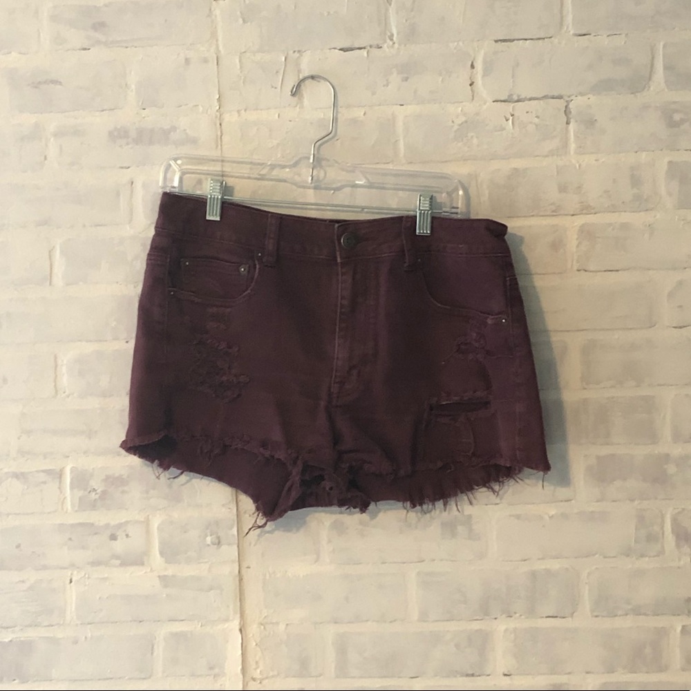 Burgundy High Waisted Denim Shorts